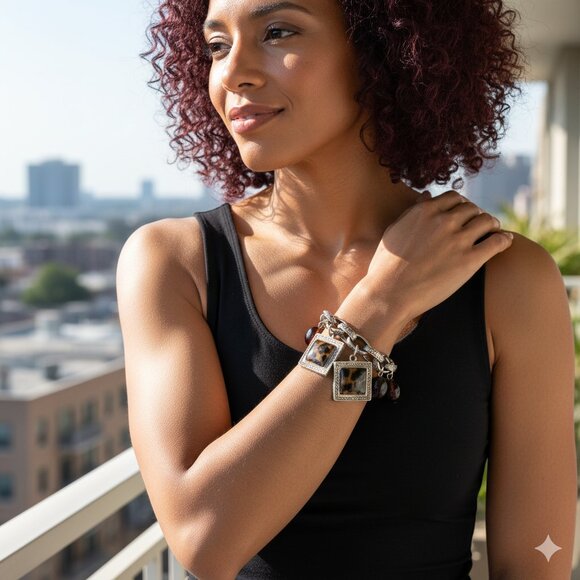 Vintage Leopard Print Square Chain Bracelet Cheetah Charm Bead Chunky Statement - Picture 2 of 11